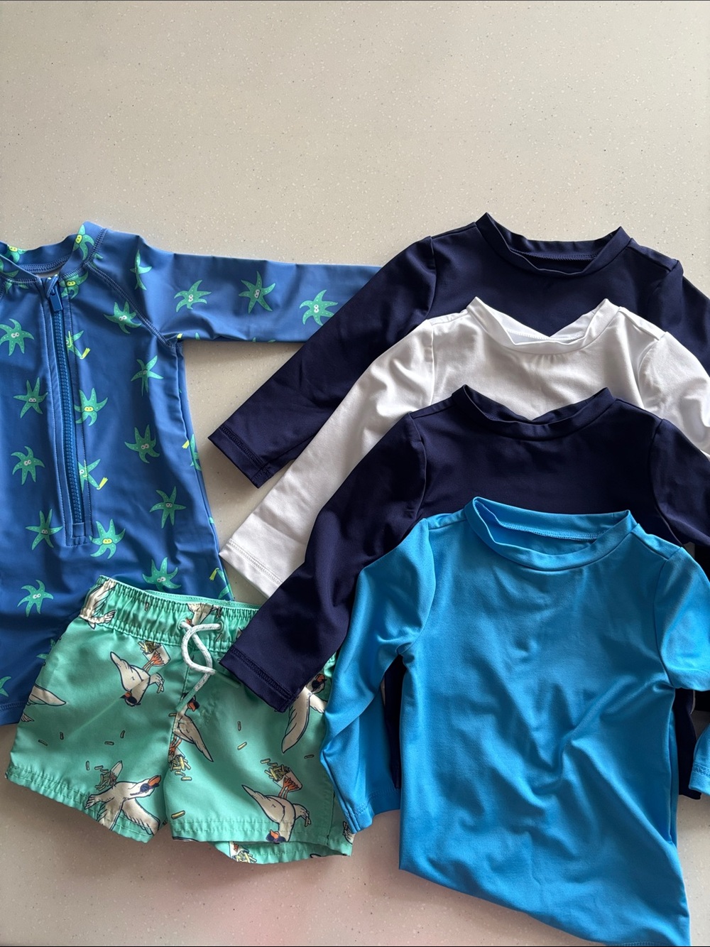 Kids Swim Bundle-4 Long Sleeve Rash Guard Swim Shirts, Swim Shorts and 1 Piece